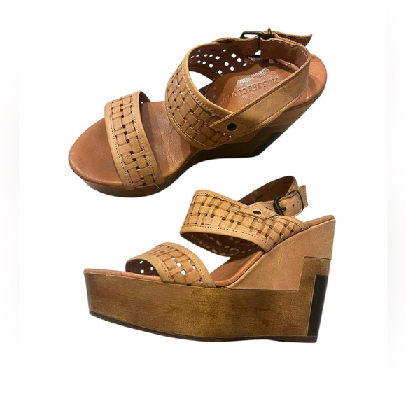 Musse & Cloud Platform Wedge Heel Tan leather Colorblock Sandals Sz 38 US 7/7.5 - Picture 1 of 11